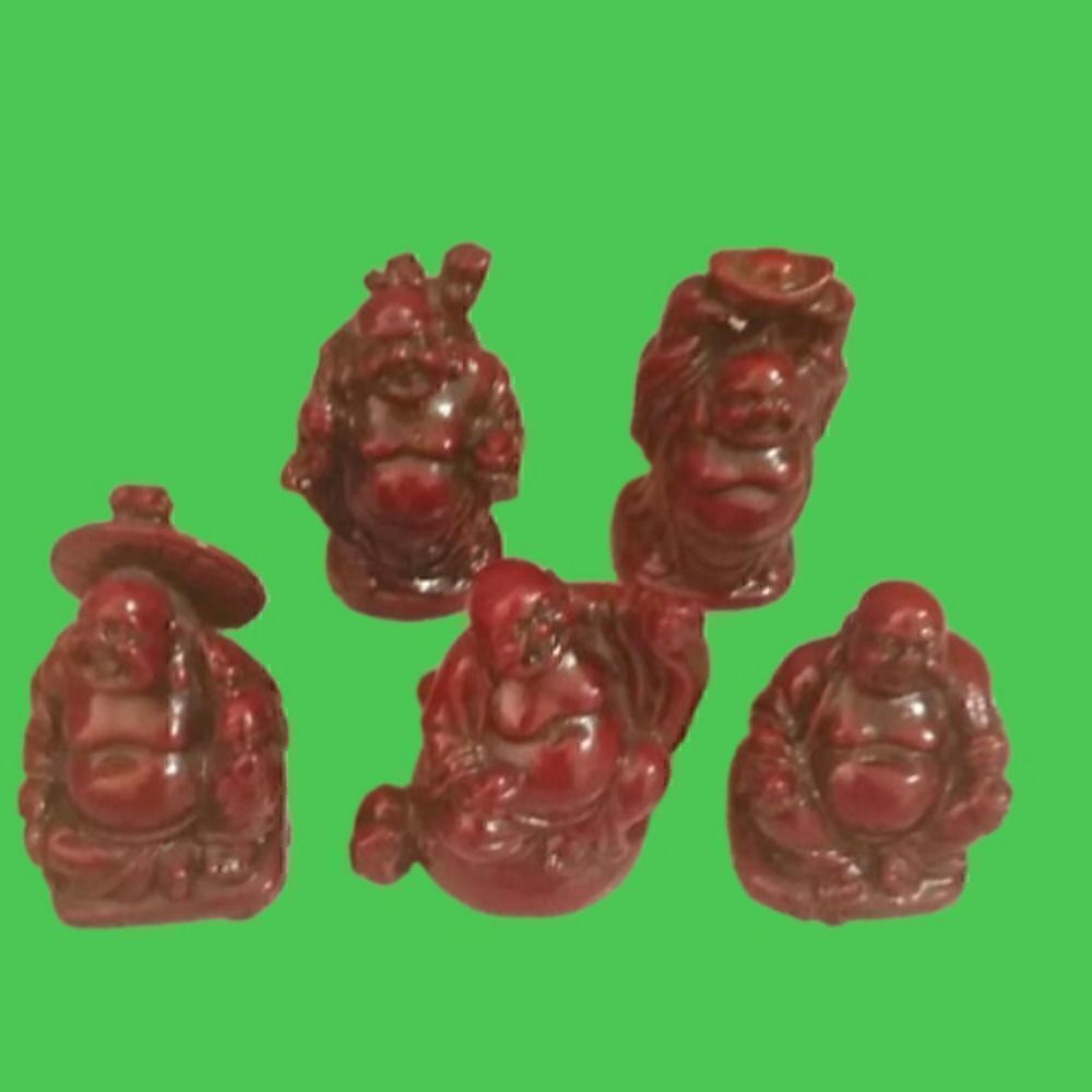 5 Mini Red Feng Shui Laughing Buddha Figurines, Wealth/Luck